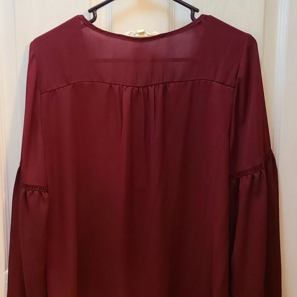 Pink Rose Maroon Sheer Flowy Long Sleeve Blouse Top Size Large - Picture 5 of 7